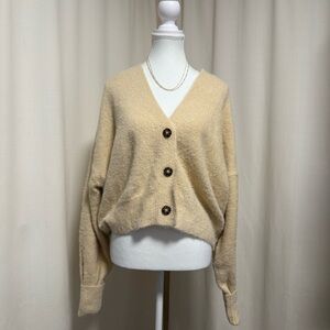 UO Cozy V-Neck Button Cardigan Sweater in Butter